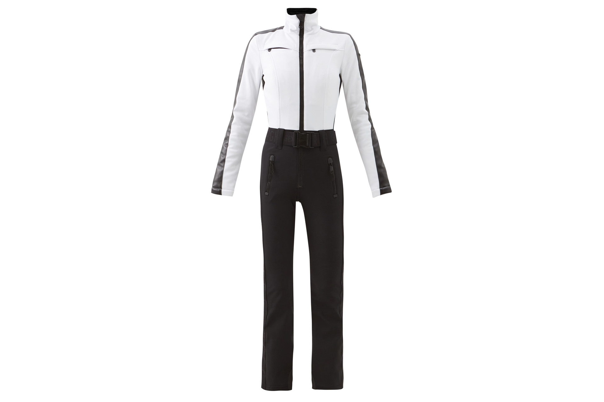 a ski suit with white top and black bottoms