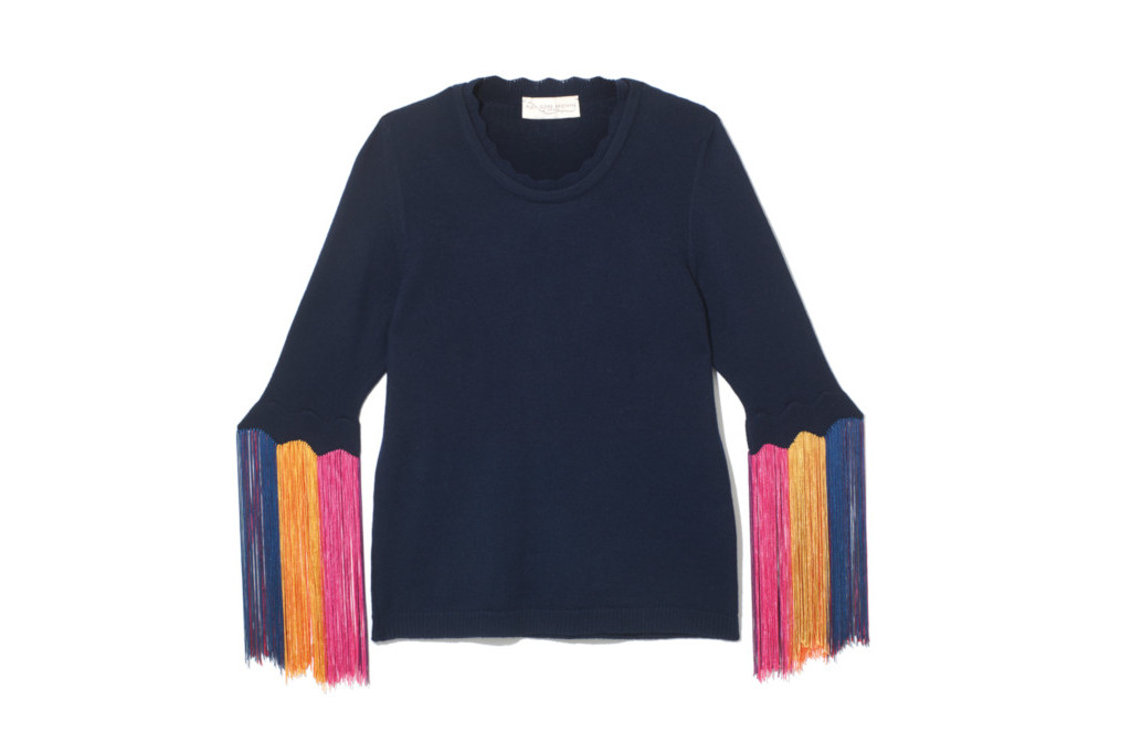 Navy sweater with multi-coloured tassels