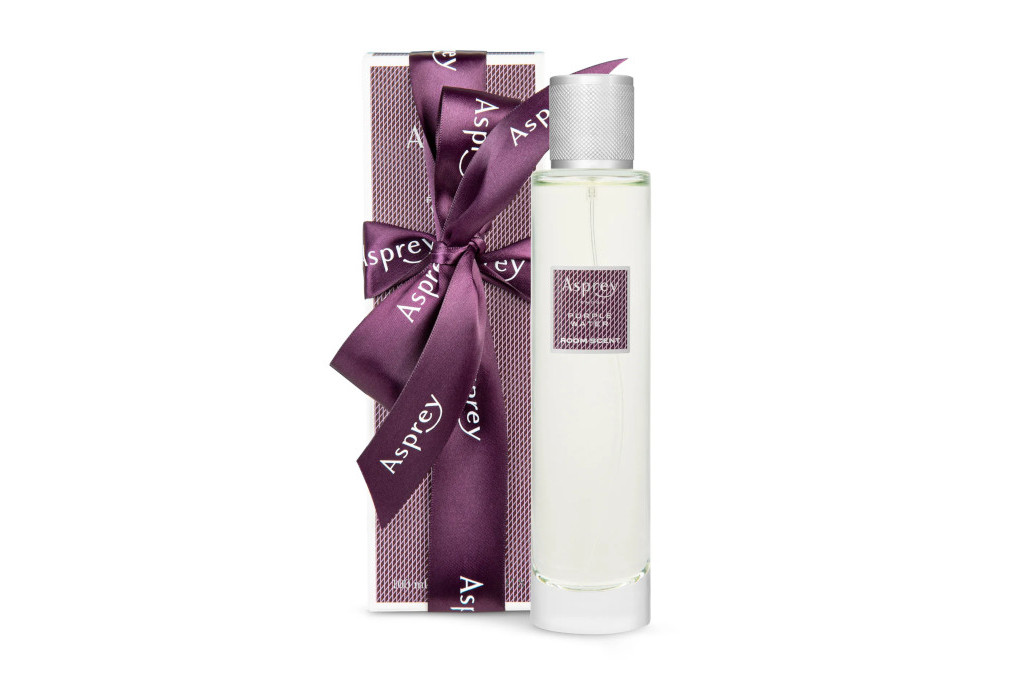 Bottle of room spray next to purple box | British fragrances Christmas