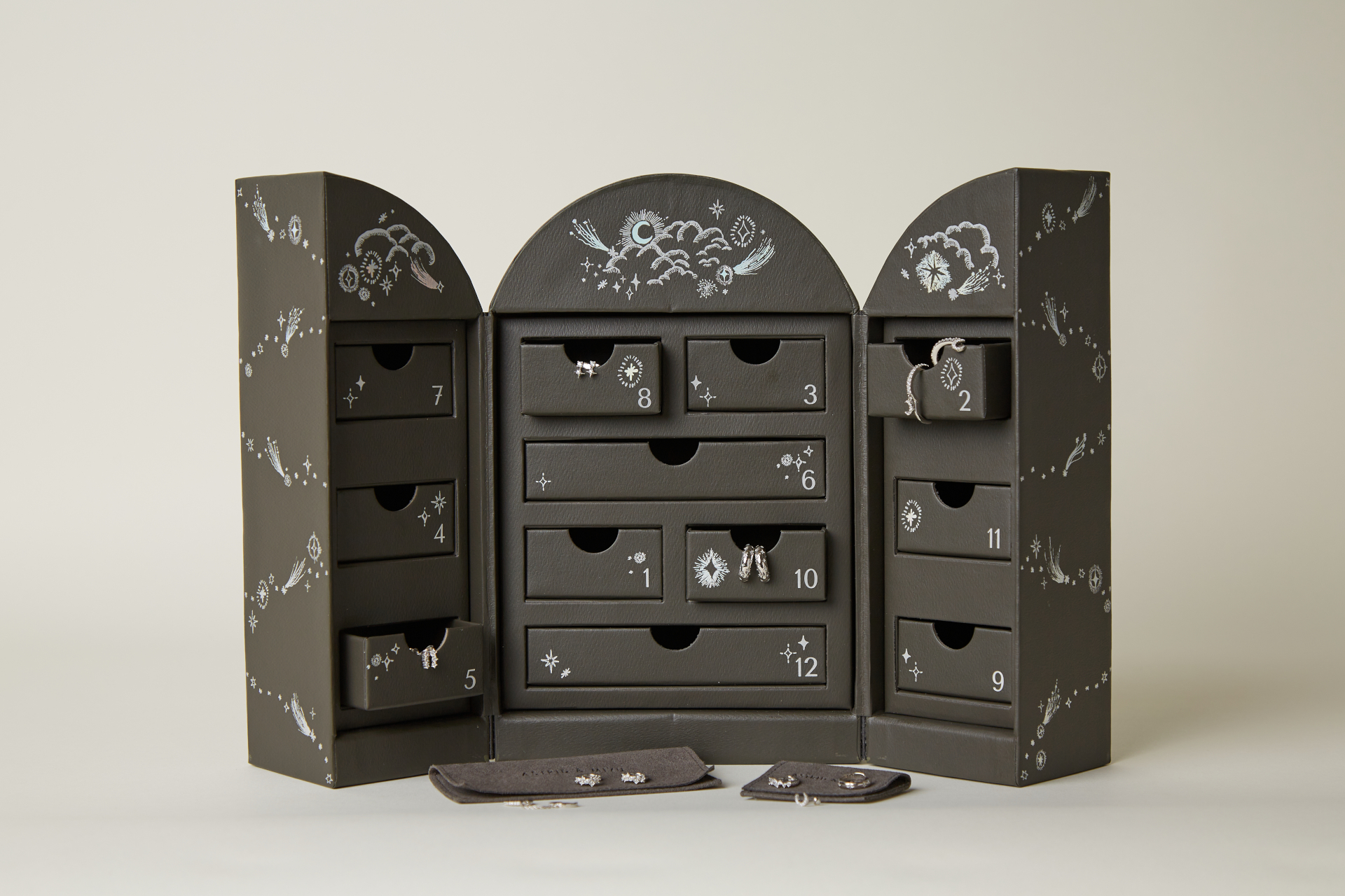 Black advent calendar with silver jewellery