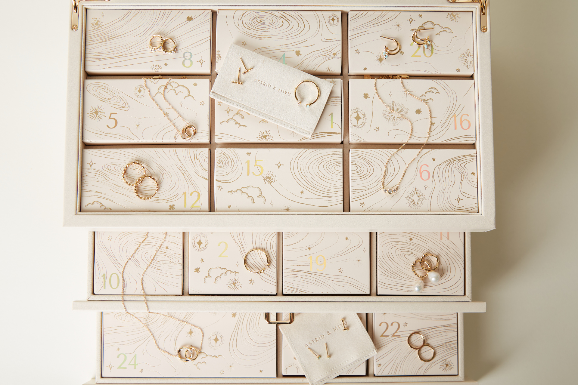 Overhead view of drawers full of jewellery