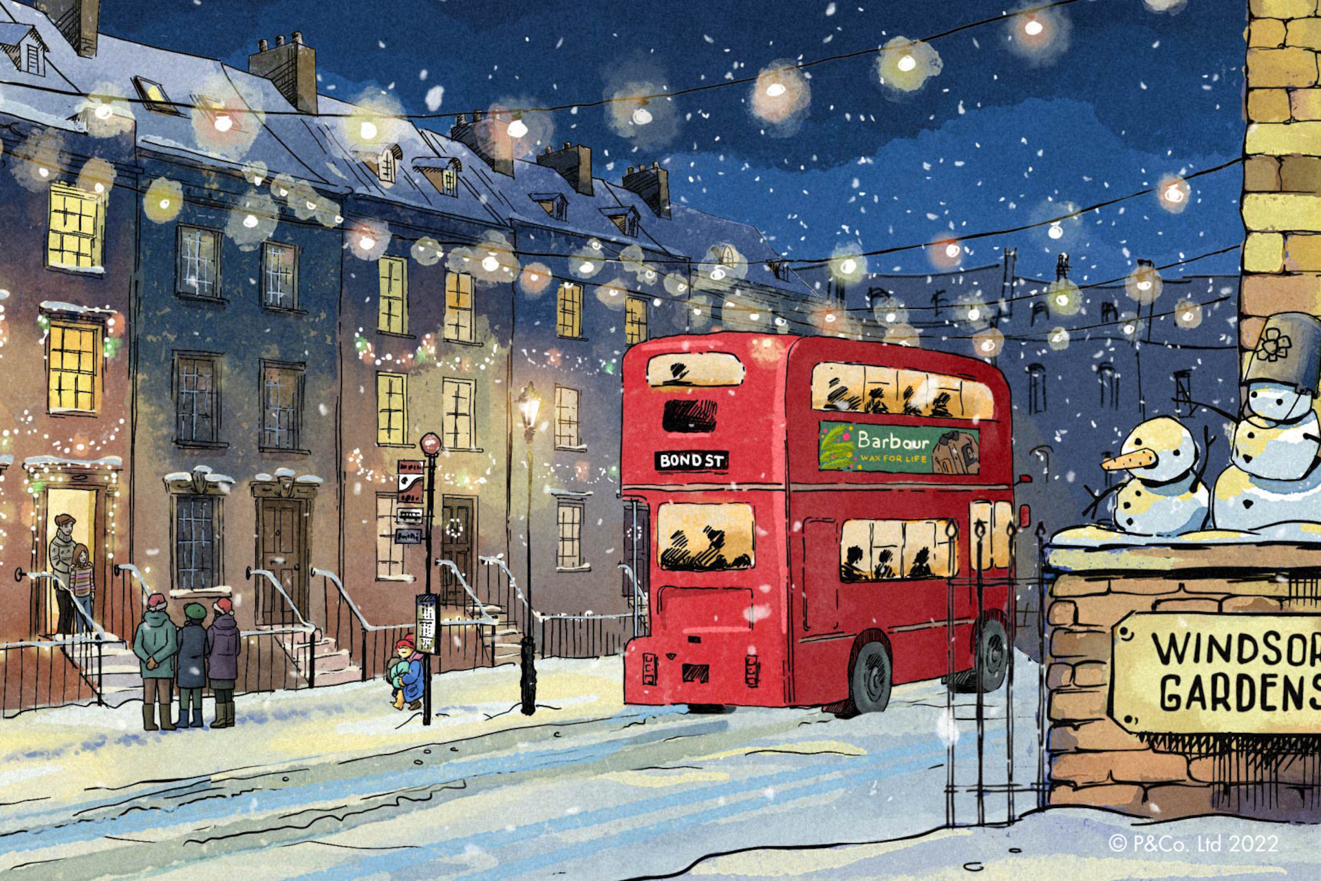 Illustration of street with red London bus and Paddington bear at Christmas