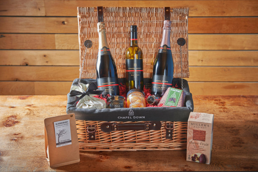 Basket with wine bottles inside