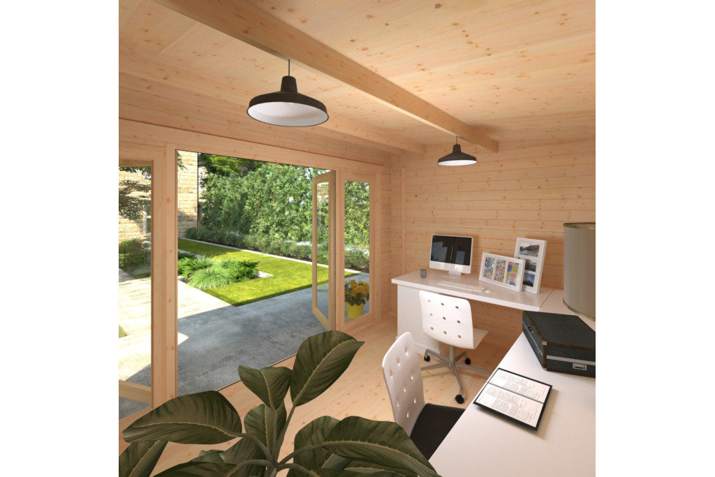 Shed interior with desks set up and windows looking out to the garden