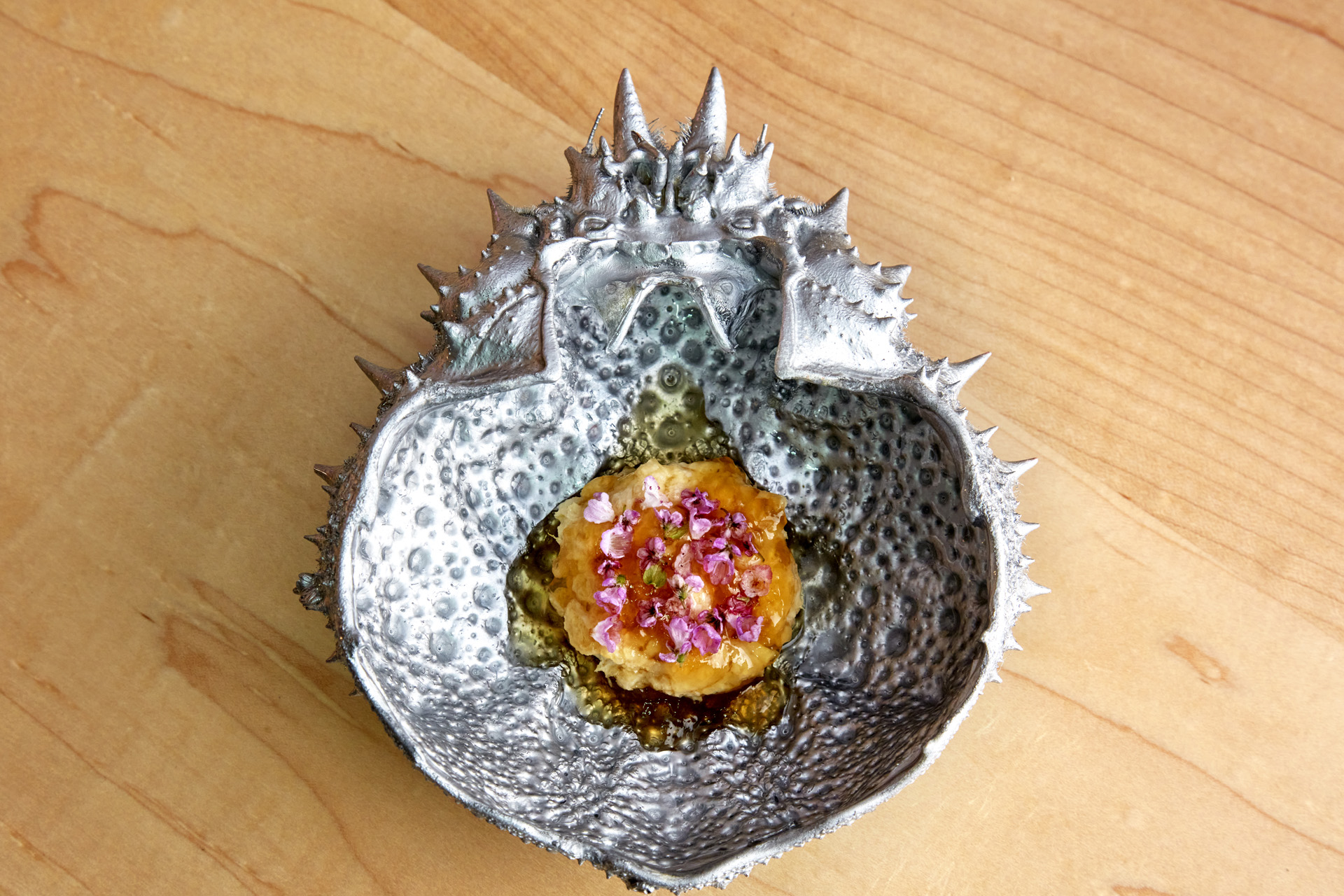 Cornish Spider Crab & Crab Stock Jelly Kabosu in a silver shell