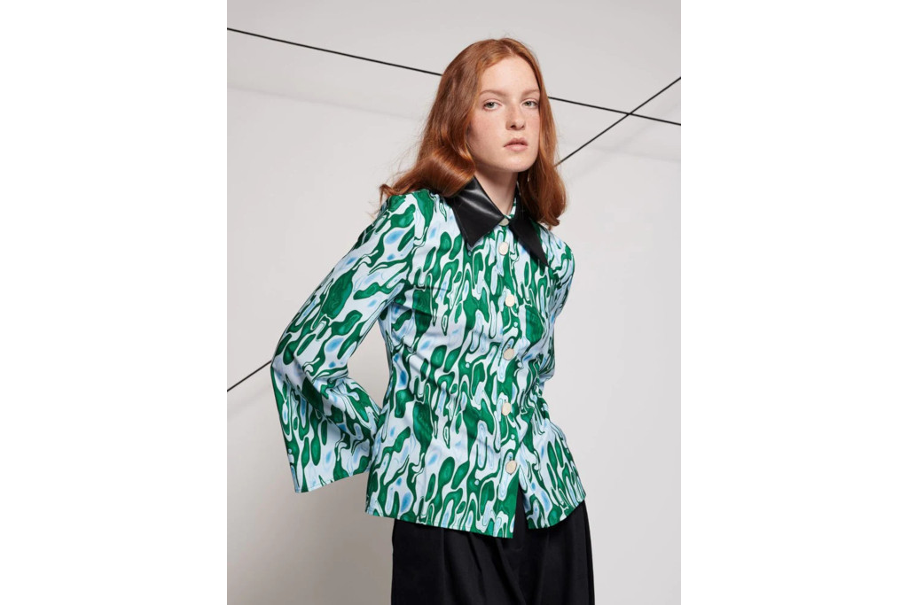 Woman in green print shirt