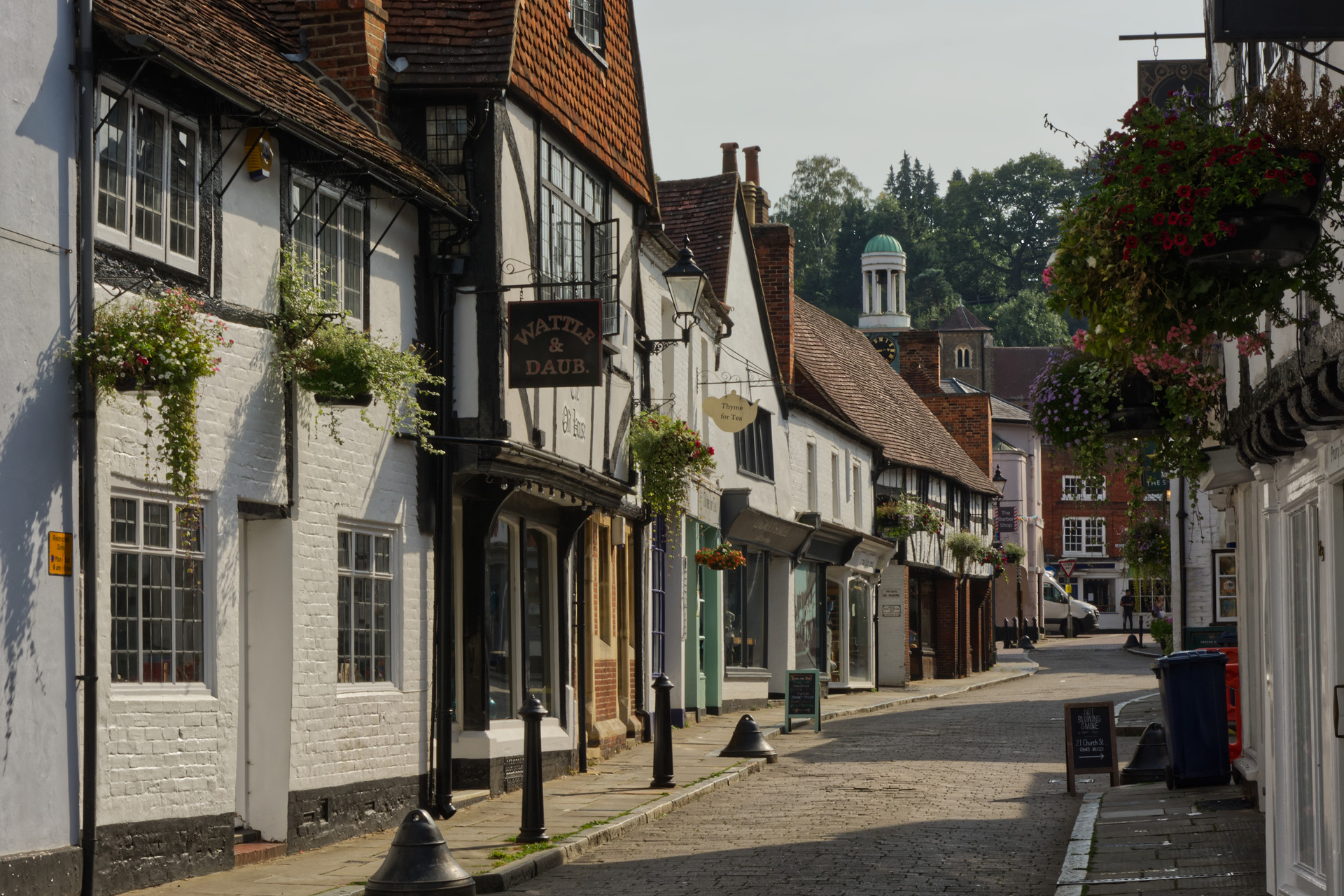 Mixed architecture of old buildings in shopping street, Godalming, Surrey, England