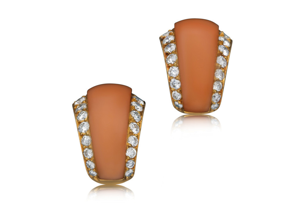 Coral and diamond ear clips
