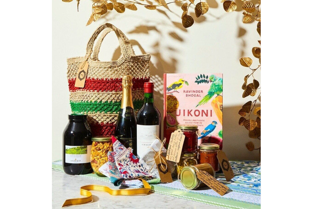 Tote bag, food and drink displayed together