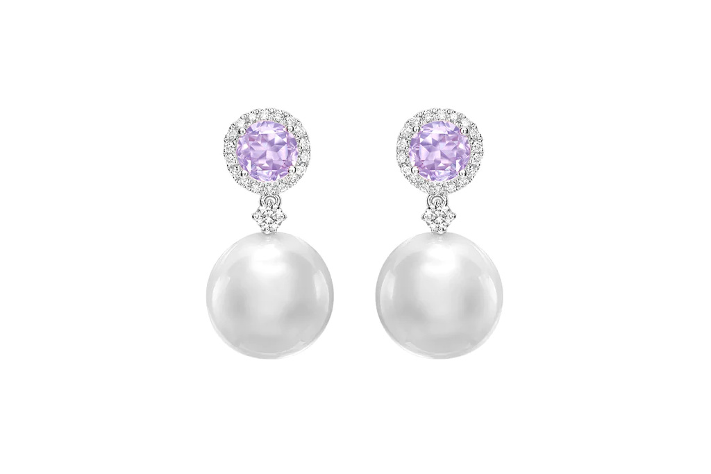 Pearl drop earrings with purple stones