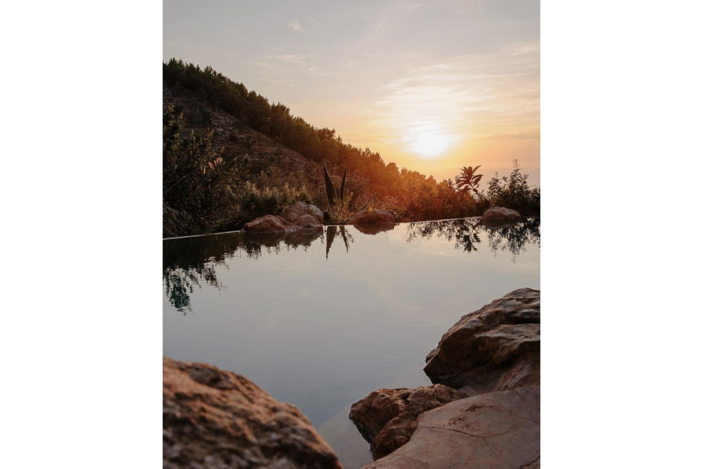 sunset over a natural lake with rocks and plants