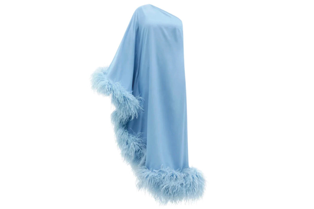 Blue one shoulder dress with feather hem