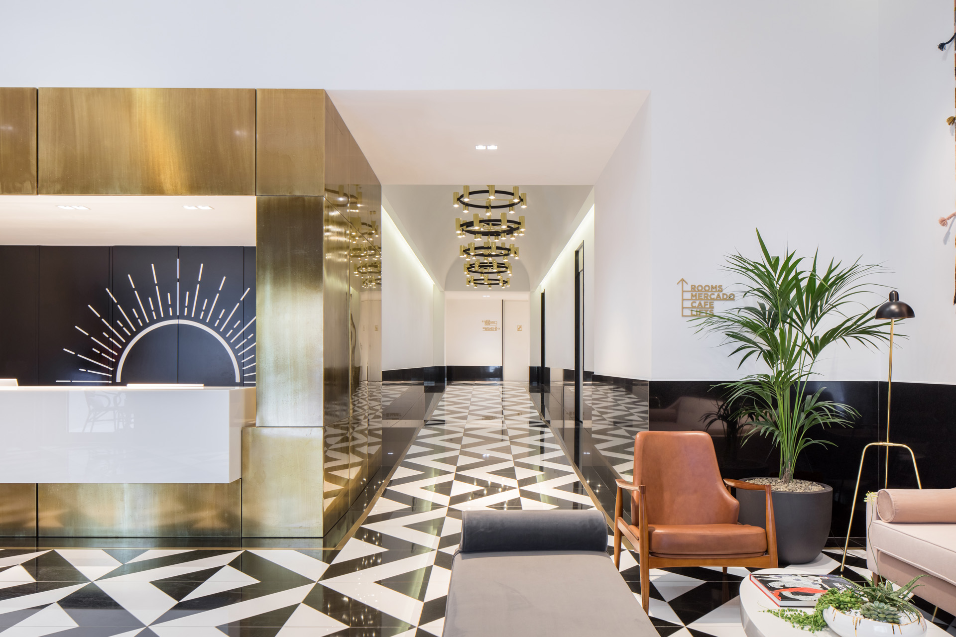 the modern lobby at The Lumiares hotel in Lisbon