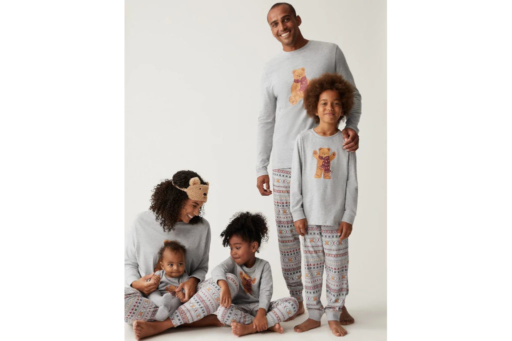 Family in grey teddy bear pyjamas
