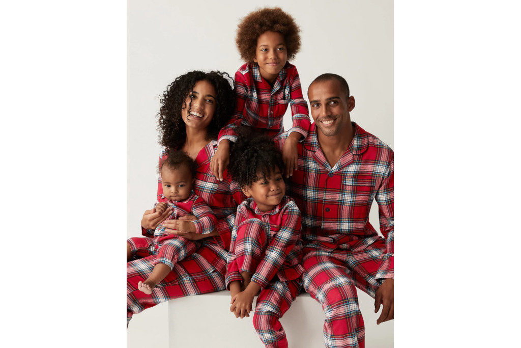 Family in red checked pyjamas