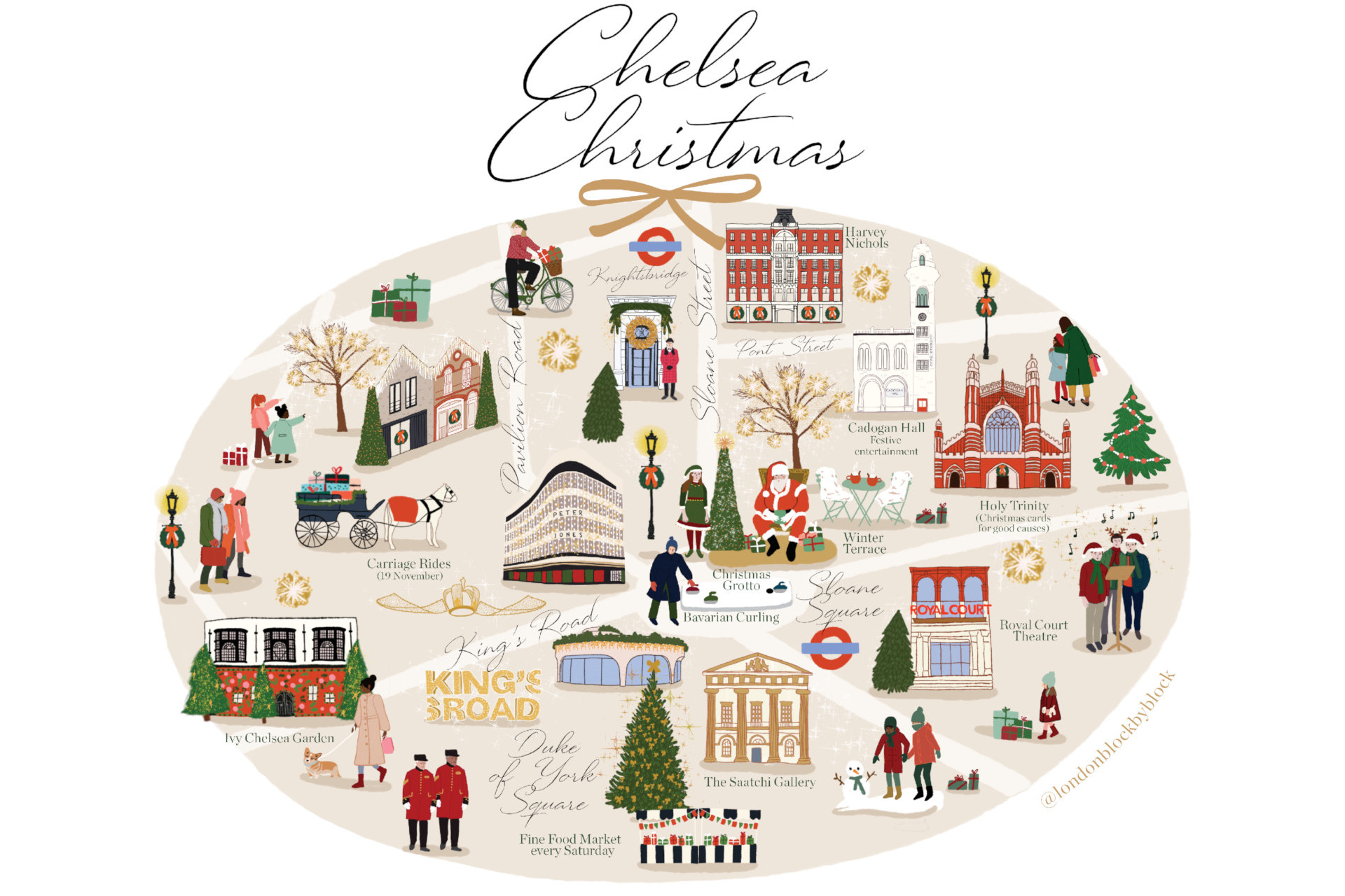 Illustrated map of Chelsea, London at Christmas