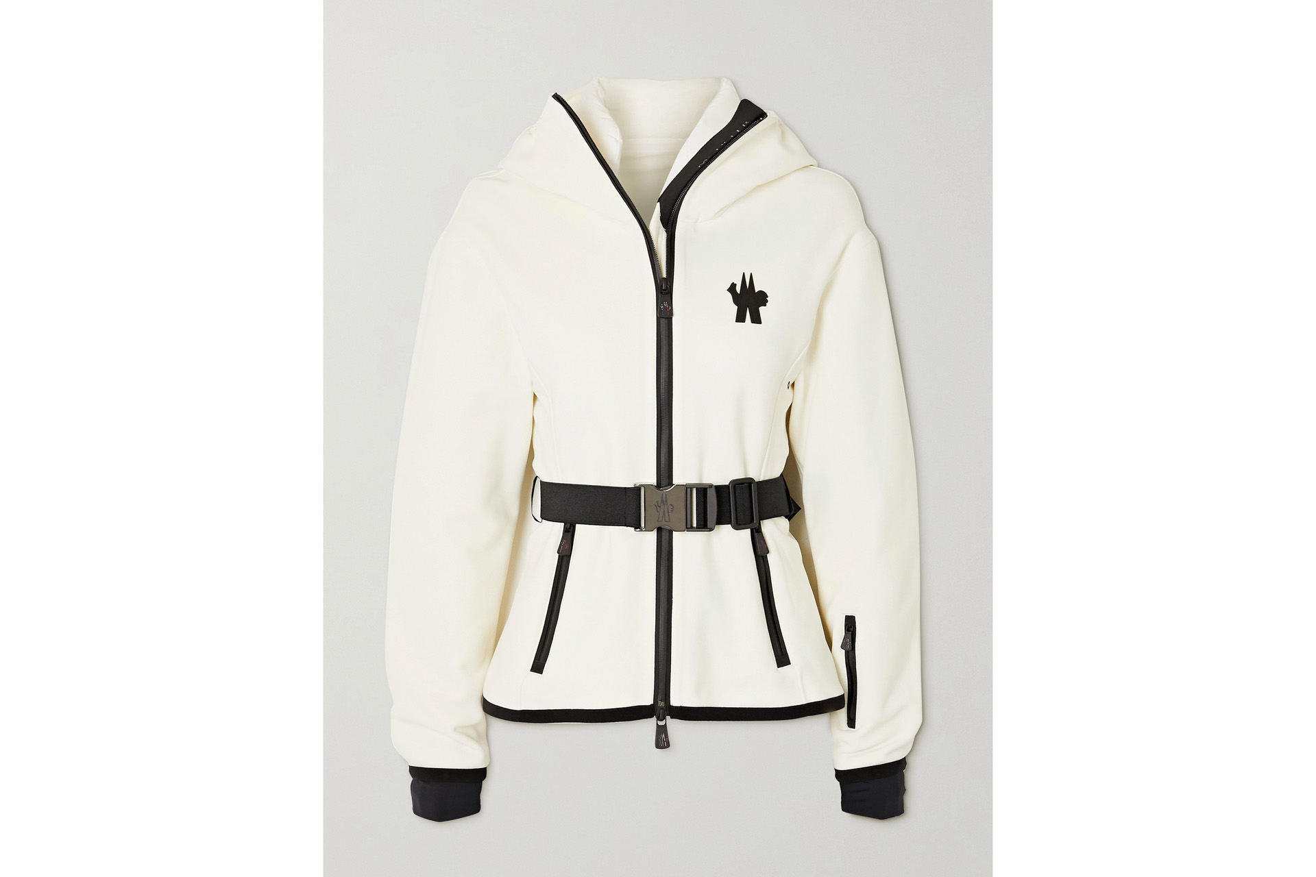 a cream and black ski jacket