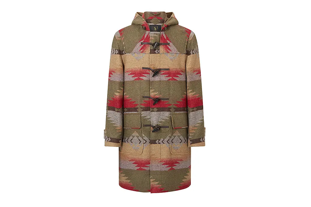 Multi-coloured patterned duffle coat