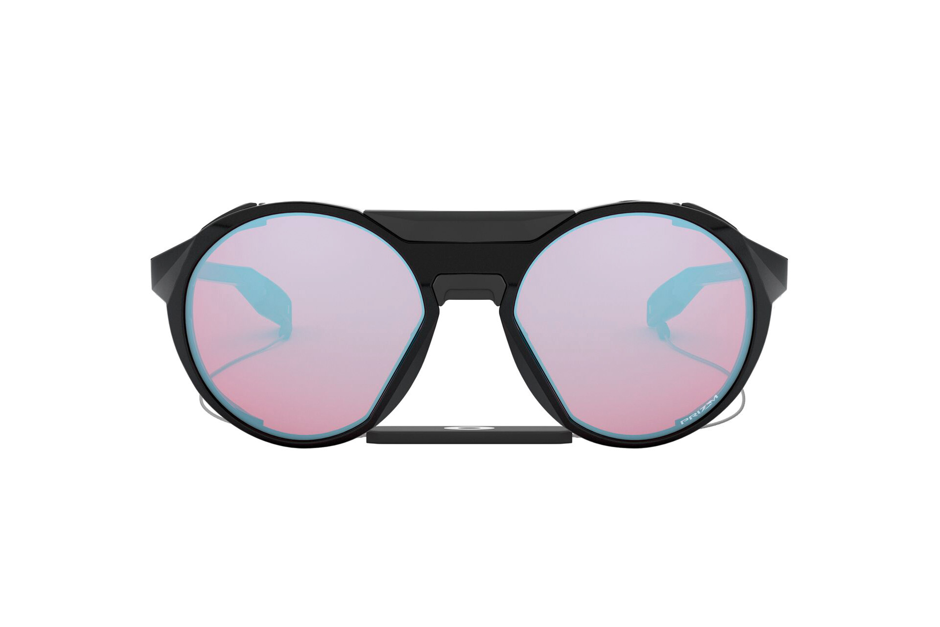 black round sunglasses with purple tinted lenses