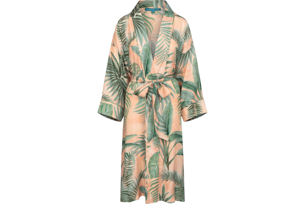 Vegan silk robe with palm leaf design