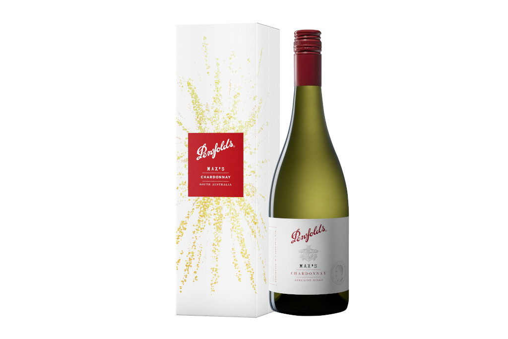 Bottle of Penfolds Max's Chardonnay next to gift box