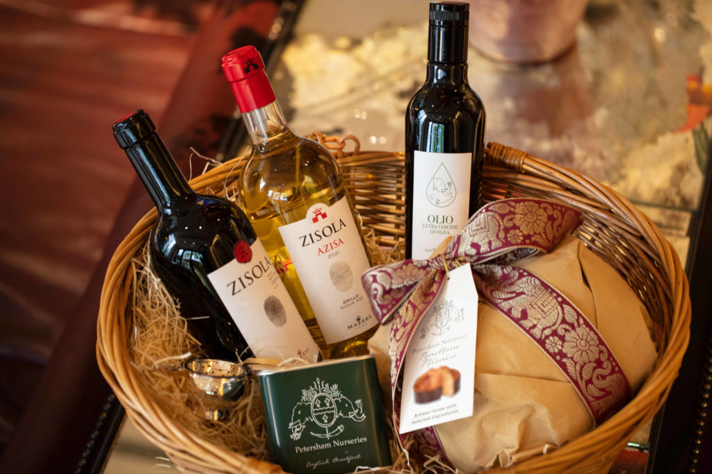 Basket with wine and panettone