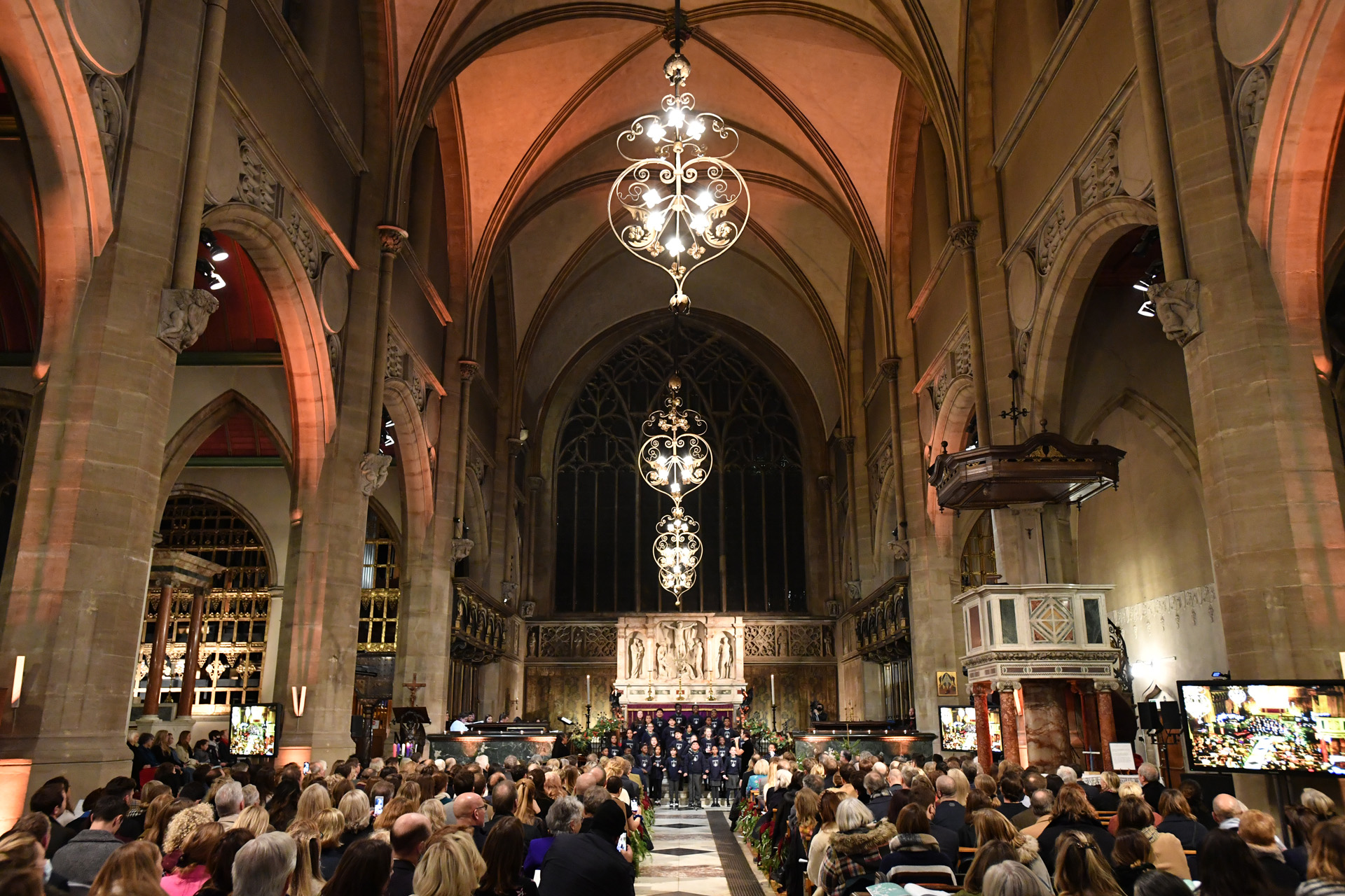 inside a church with moody lighting for christmas