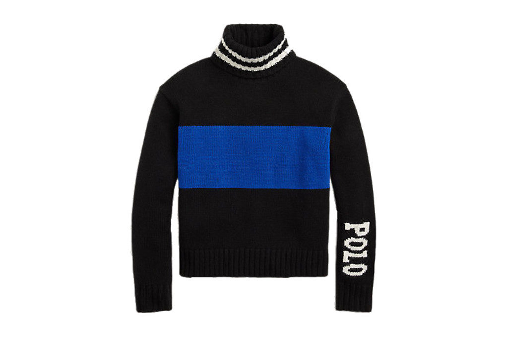 Black jumper with blue stripe and 'Polo' text in white