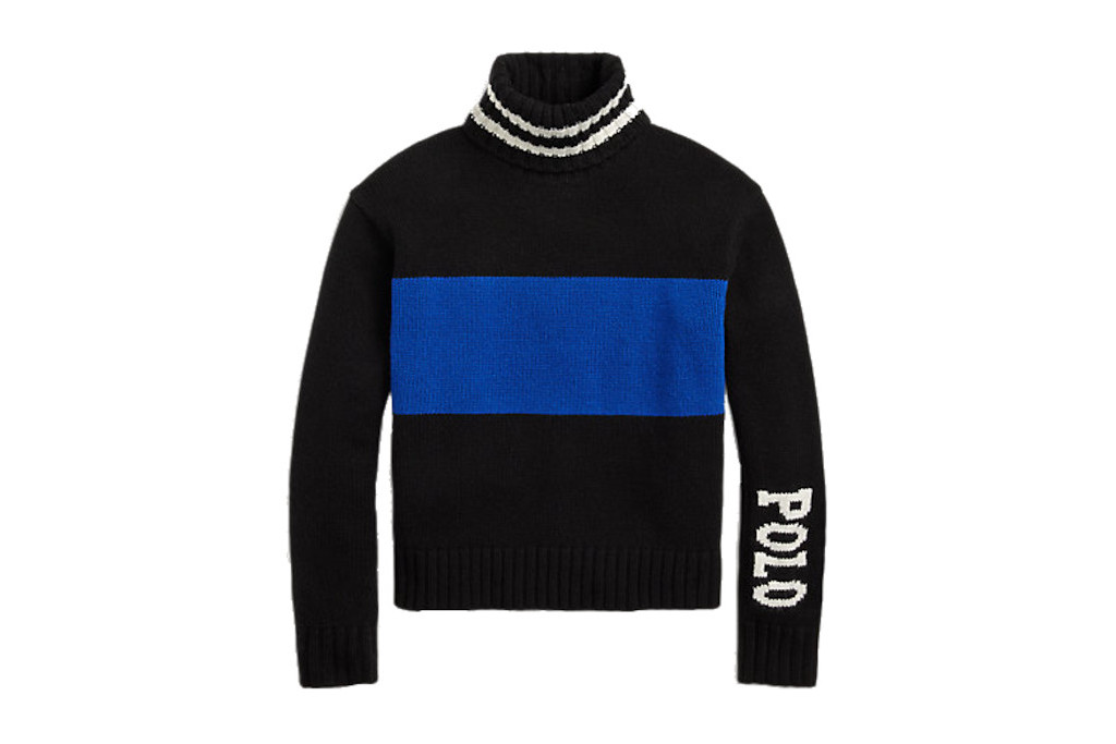 Black jumper with blue stripe and 'Polo' text in white