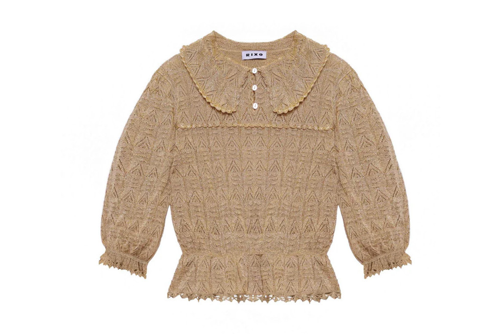 Gold knit top with puff sleeves