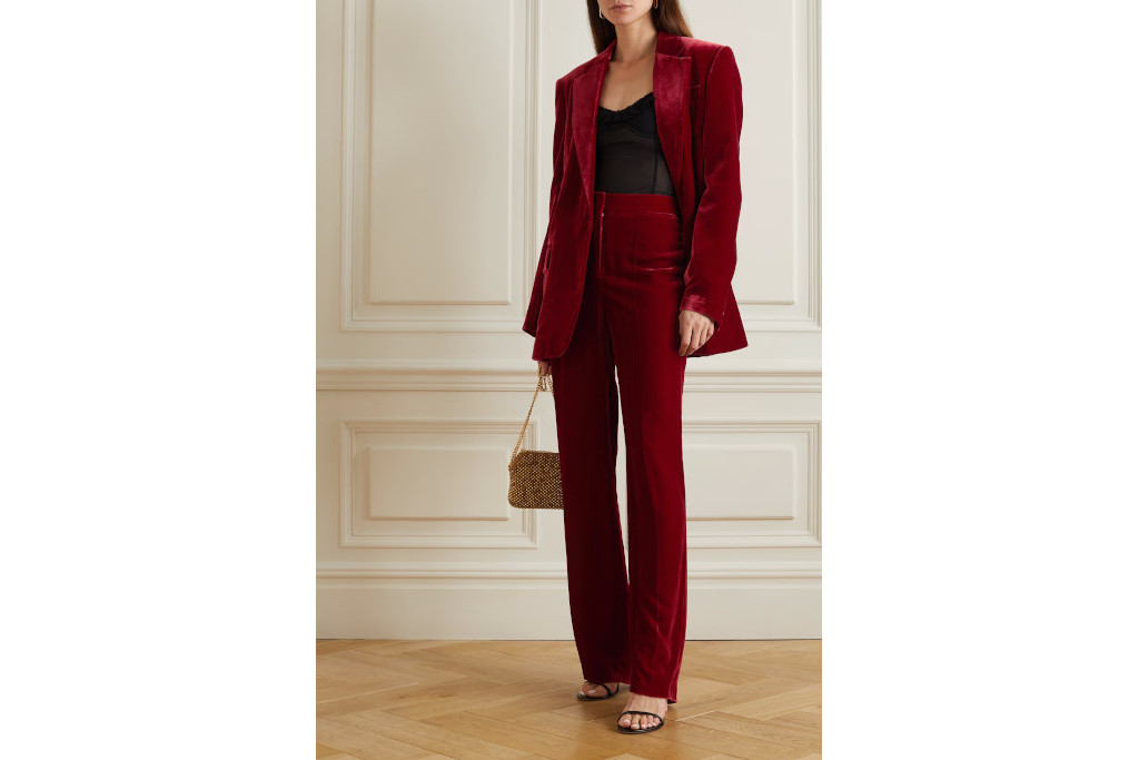 Woman in red velvet suit