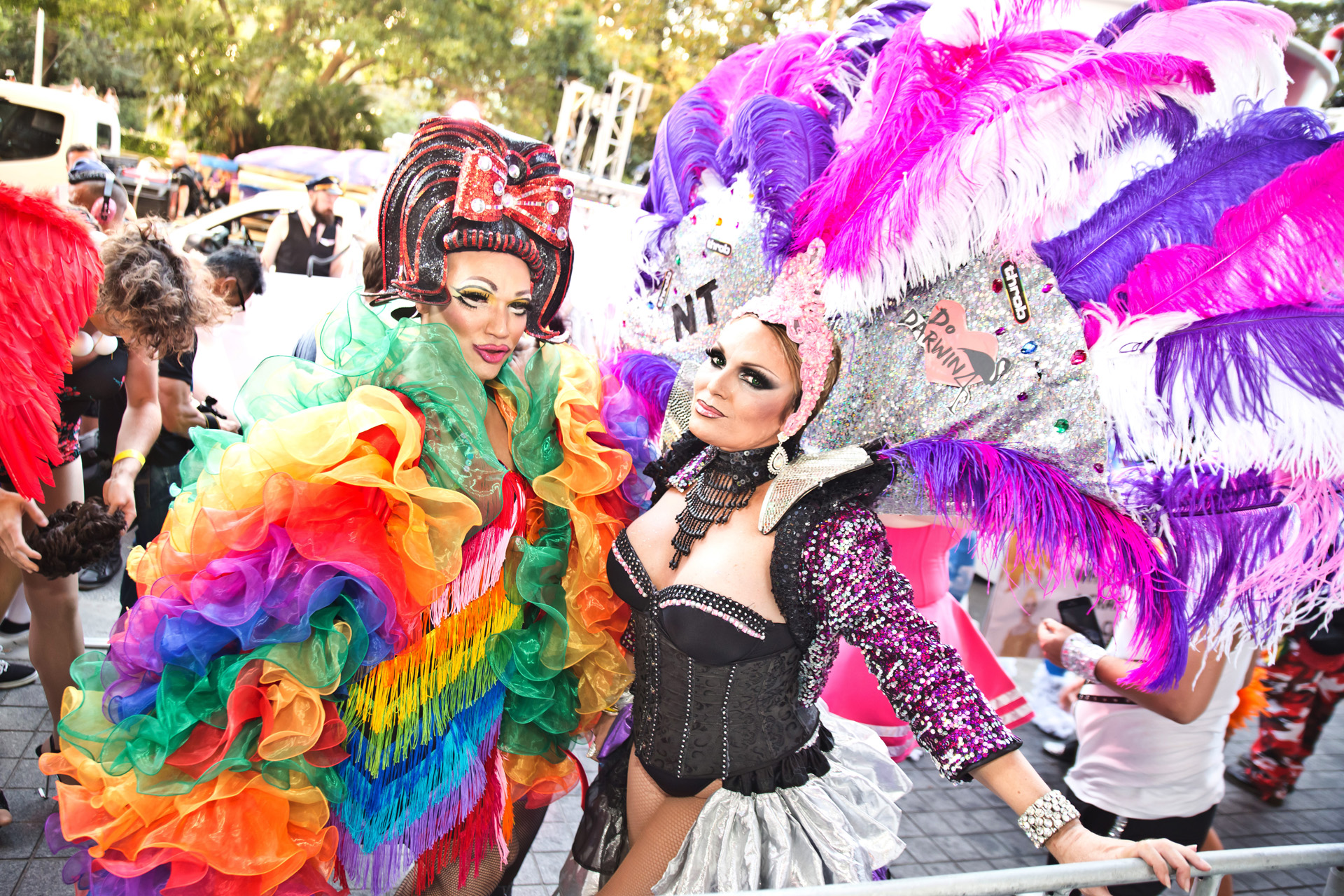 two people dressed up at Sydney Gay and Lesbian Mardi Gras parade, Oxford Street Sydney