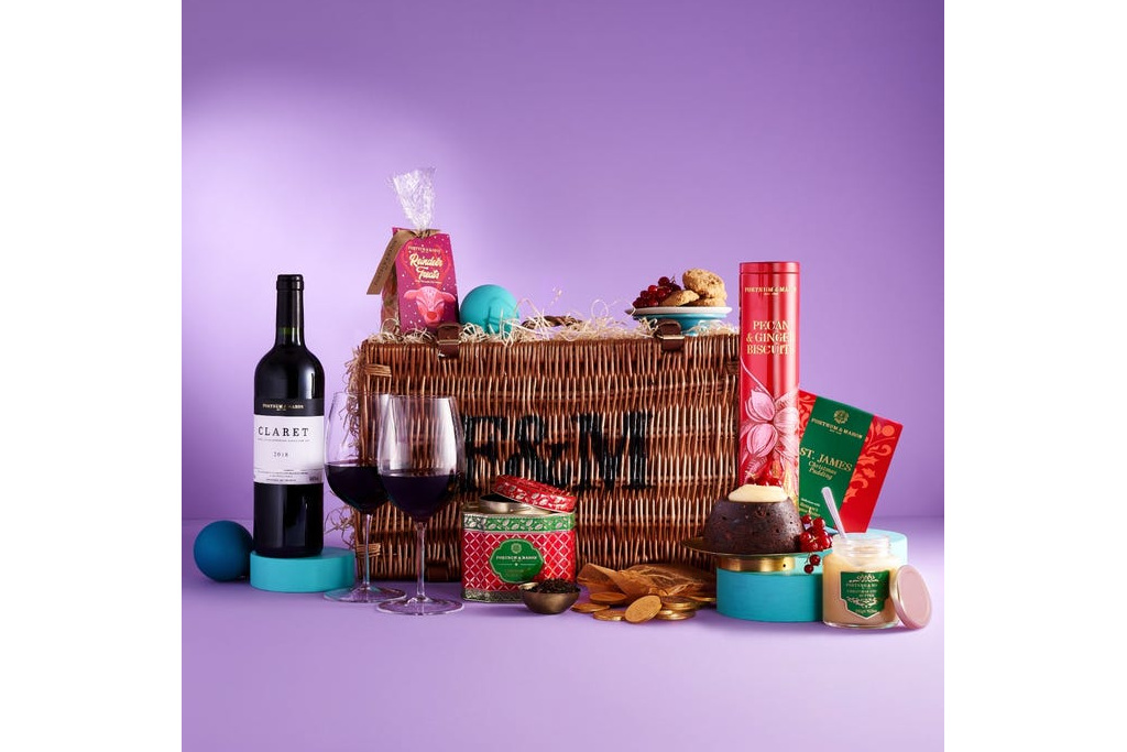 Christmas hamper on purple background