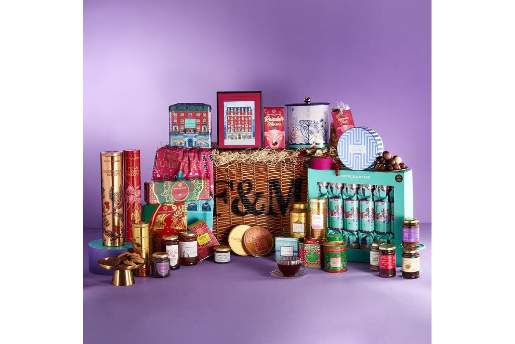 Christmas hamper on purple background