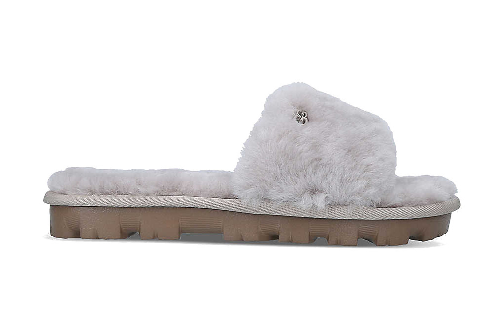 Grey fluffy sliders