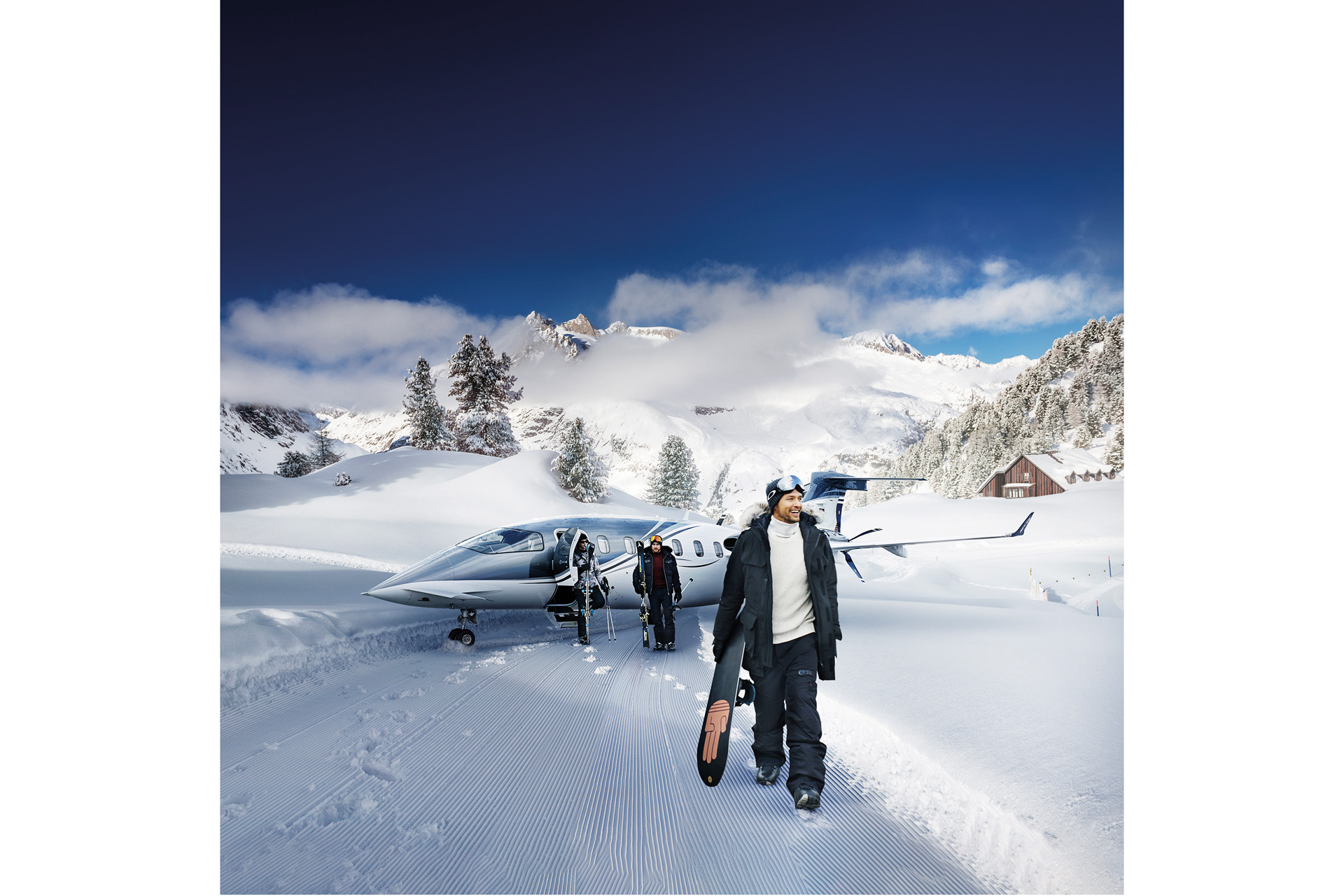 a man disembarking a private jet in skiing gear in the snow