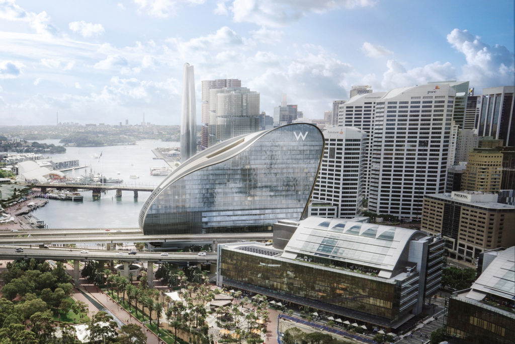 sydney darling harbour skyline with new hotel W Sydney at the centre