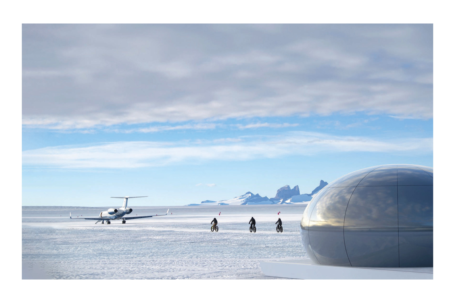 antarctica, with a private jet, three people and an echo pod
