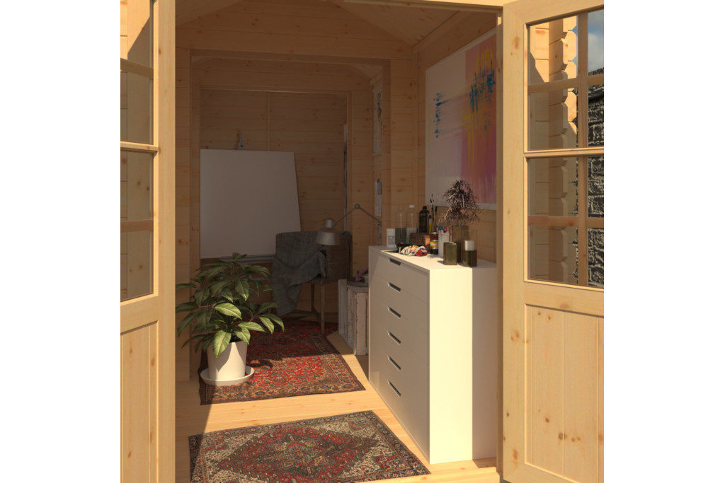 Shed interior with easel and art supplies set up
