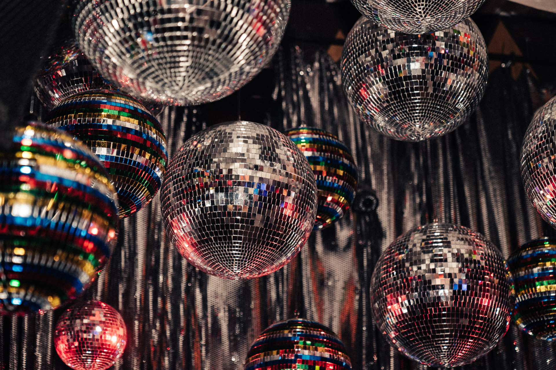Disco balls hung together from ceiling