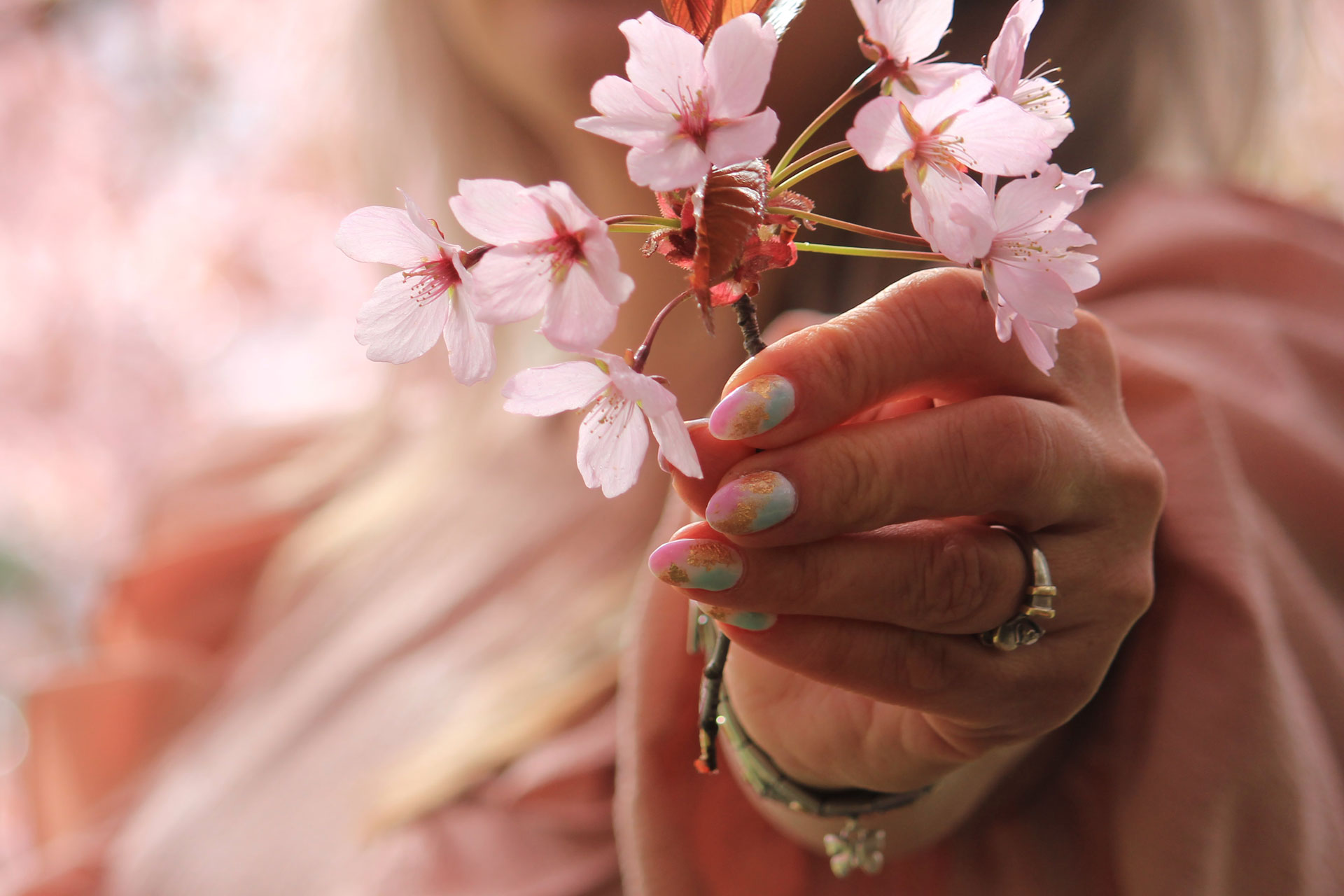 Hand holding a branch of flowers