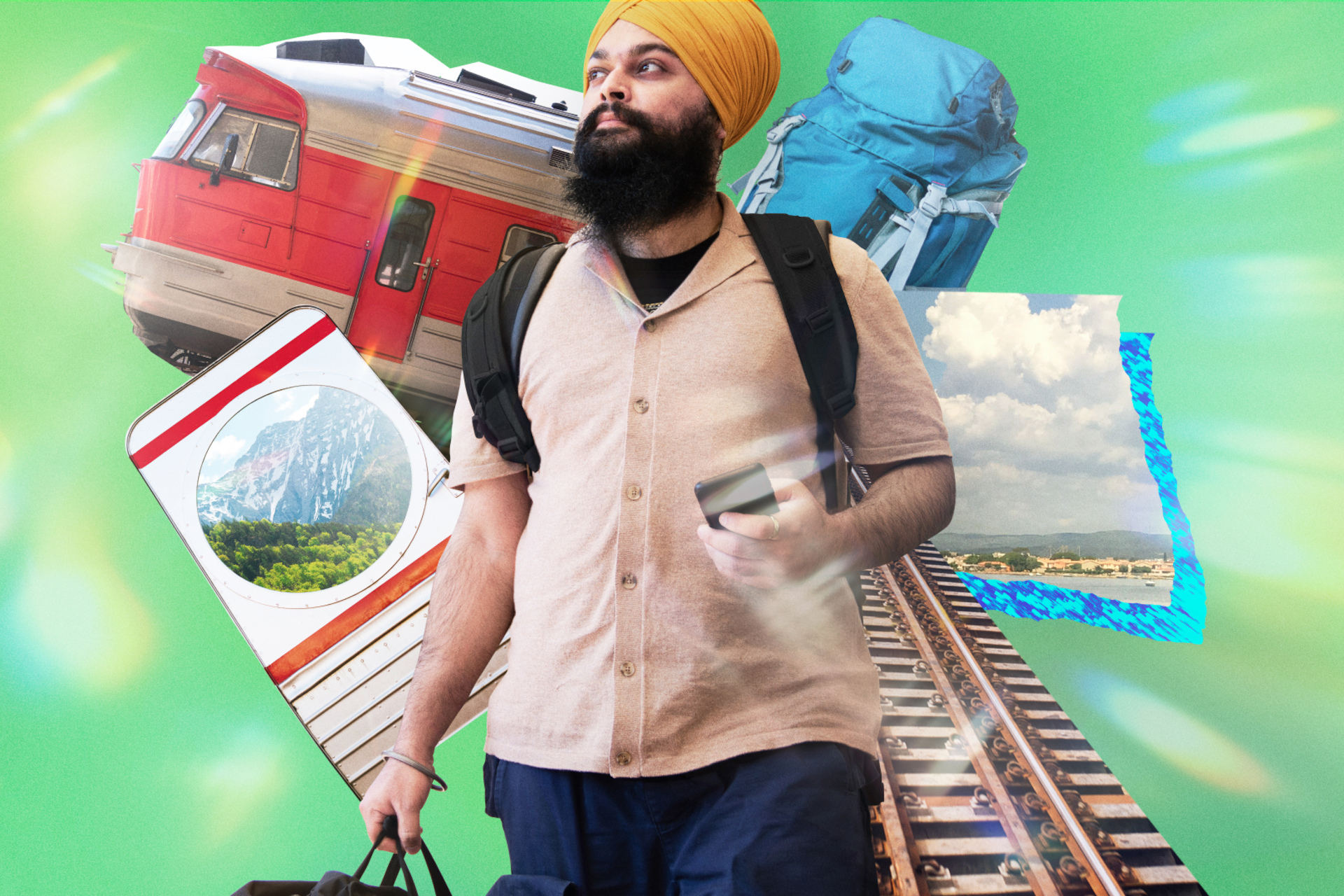 Collage of man with train and tracks