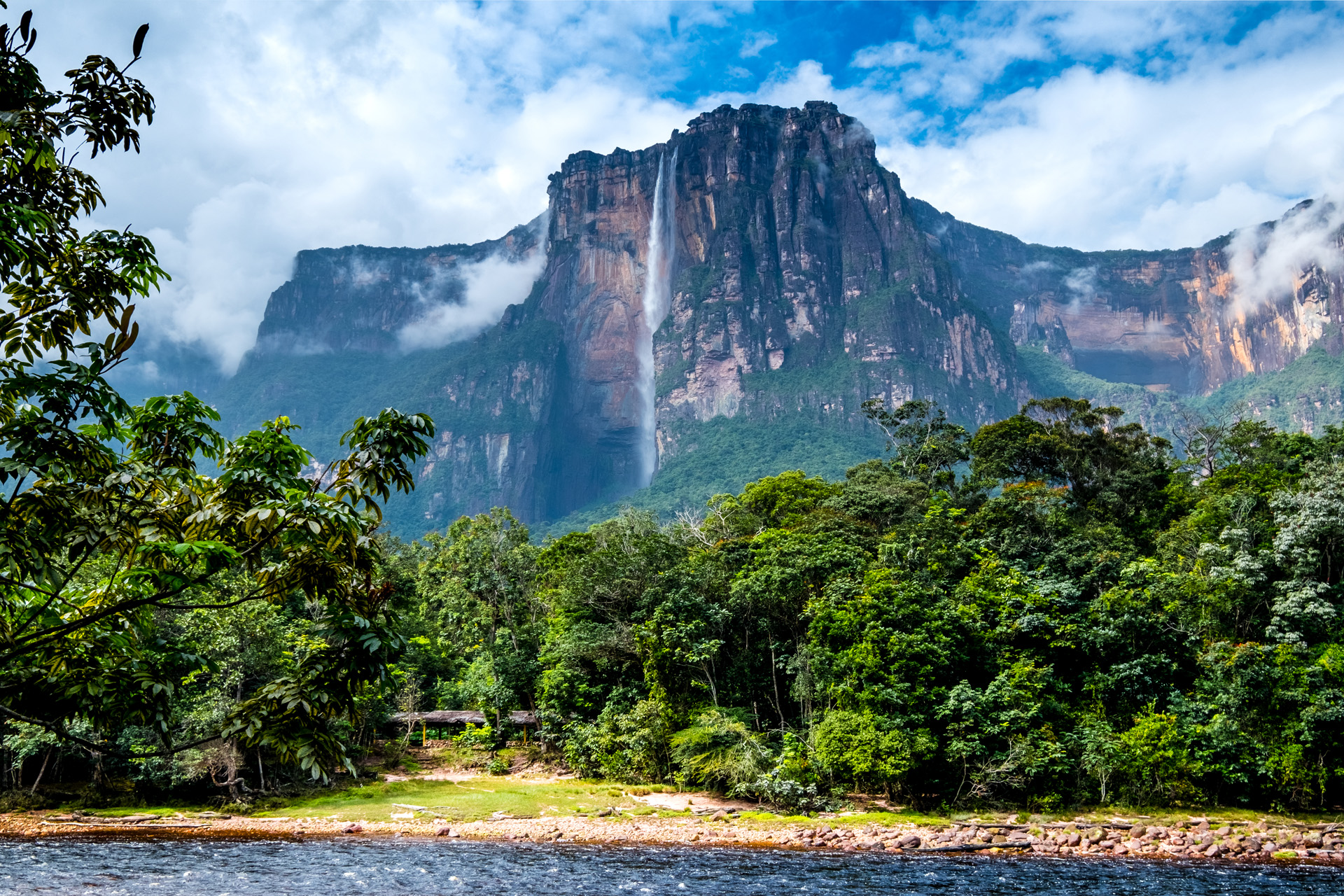 The magnificent Angel Falls as seen from the river bed at its feet