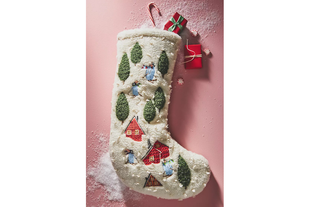 Woven stocking wit trees and houses