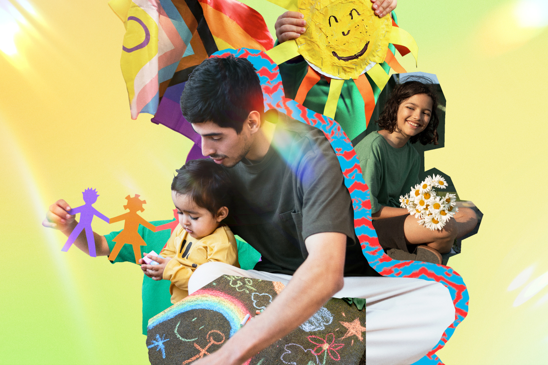 Colourful collage of parents with kids