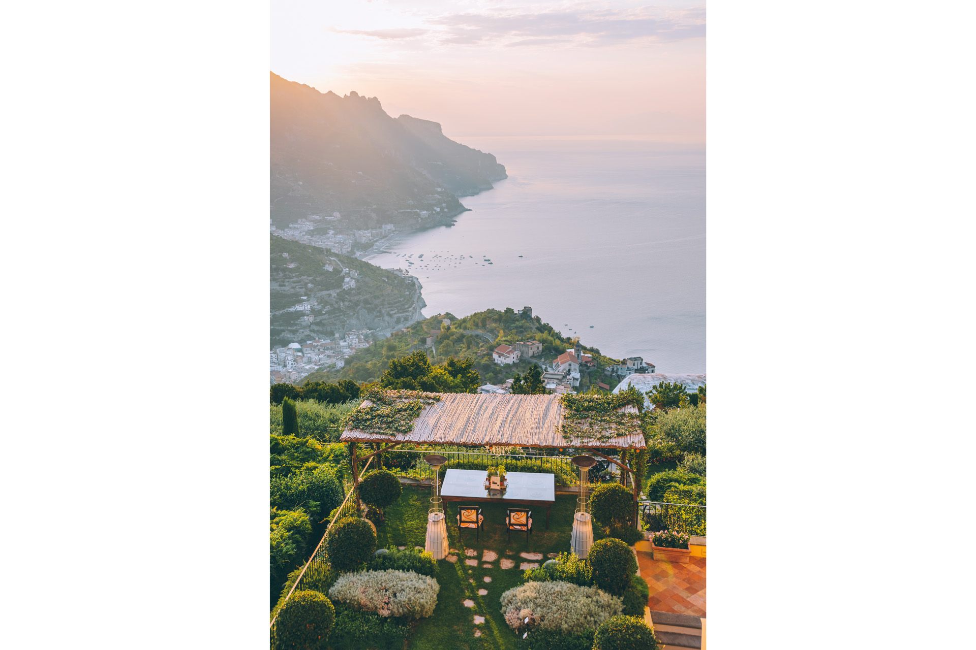 the gardens at Belmond Caruso at sunset