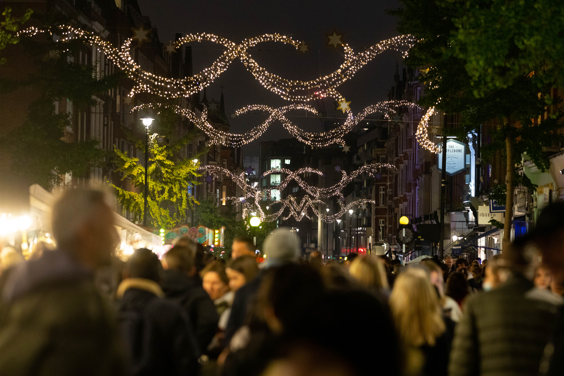 marylebone village lit up with christmas lights