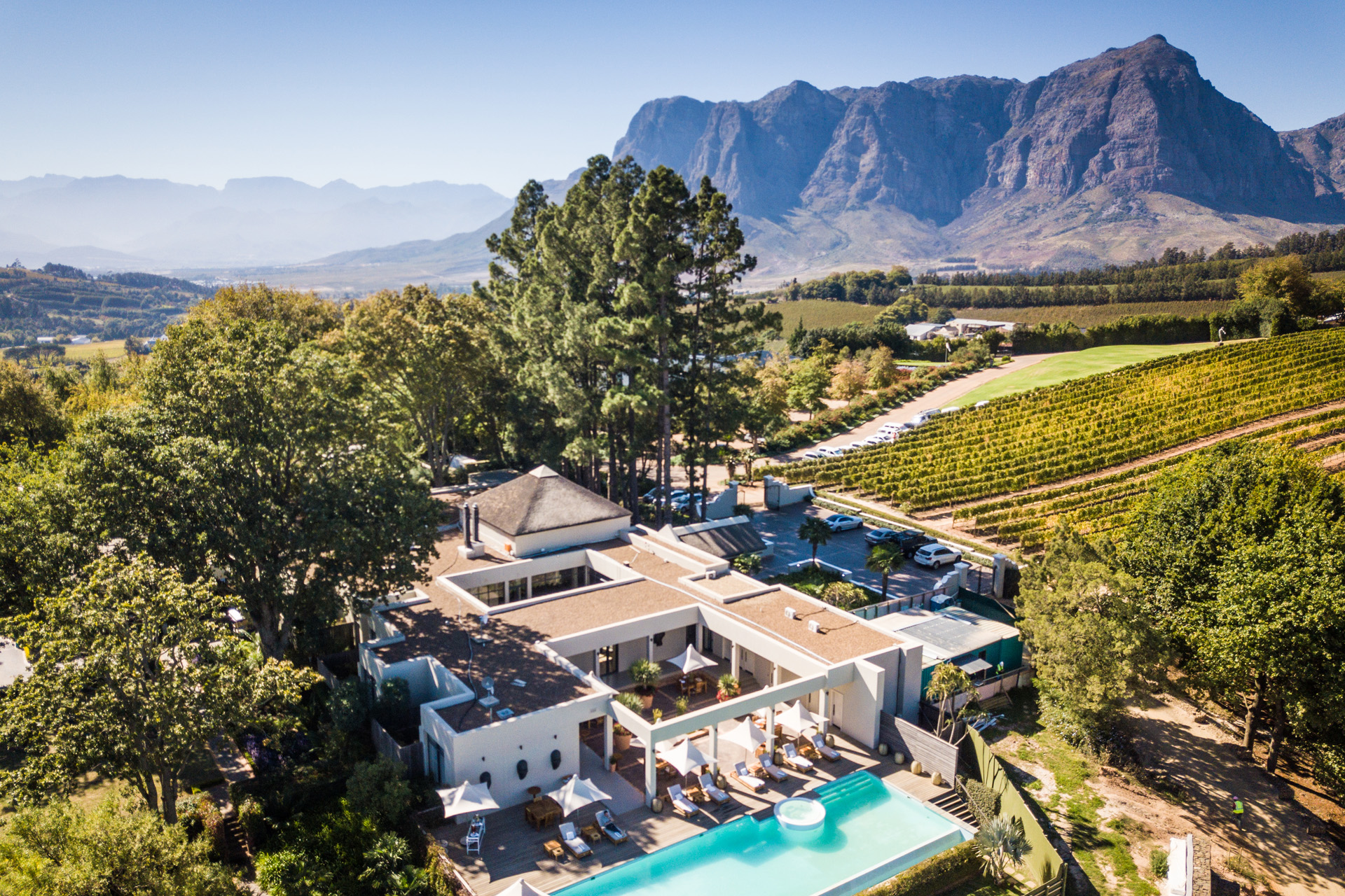 an aerial view of the spa at Delaire Graff Estate