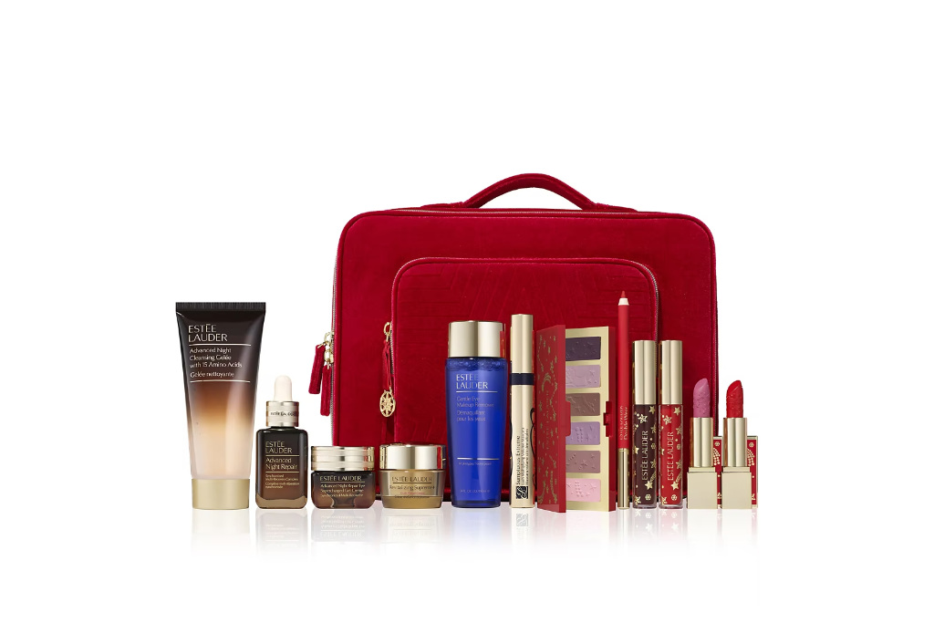 Red bag with skincare bottles - Christmas beauty gifts