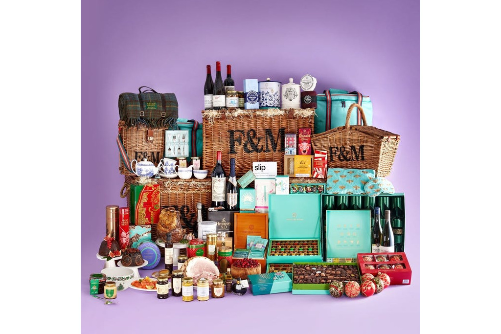 Fortnum & Mason Christmas hamper on purple background